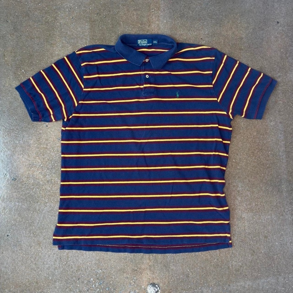 Polo Ralph Lauren Mens XXL Navy Striped Polo Shirt Burgundy Yellow Preppy